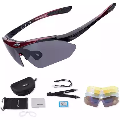 RockBros 10001 Fahrrad/Sportbrille mit polarisierten 5 austauschbaren Gläsern schwarz-rot