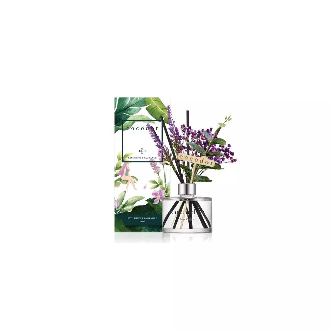 COCODOR aromadiffusor mit sticks und blüten flower lavender, pure cotton 200 ml